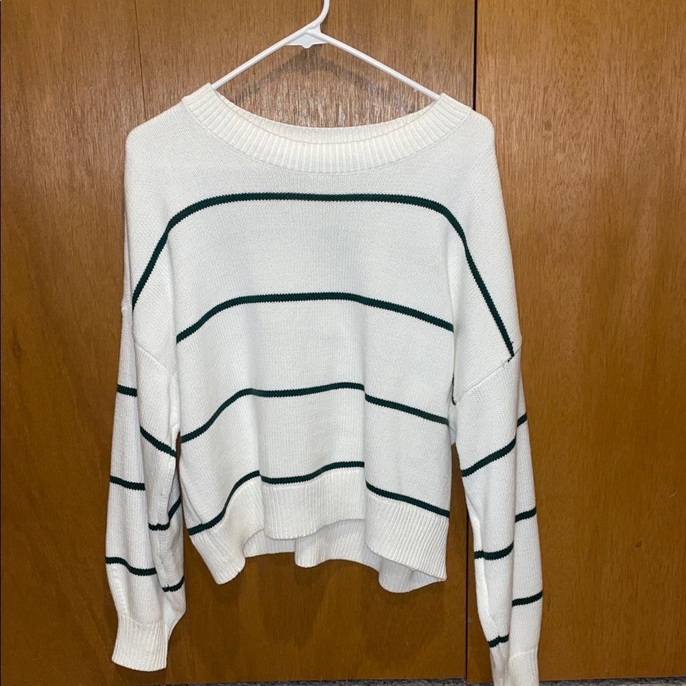 Hollister White and Green Striped Sweater